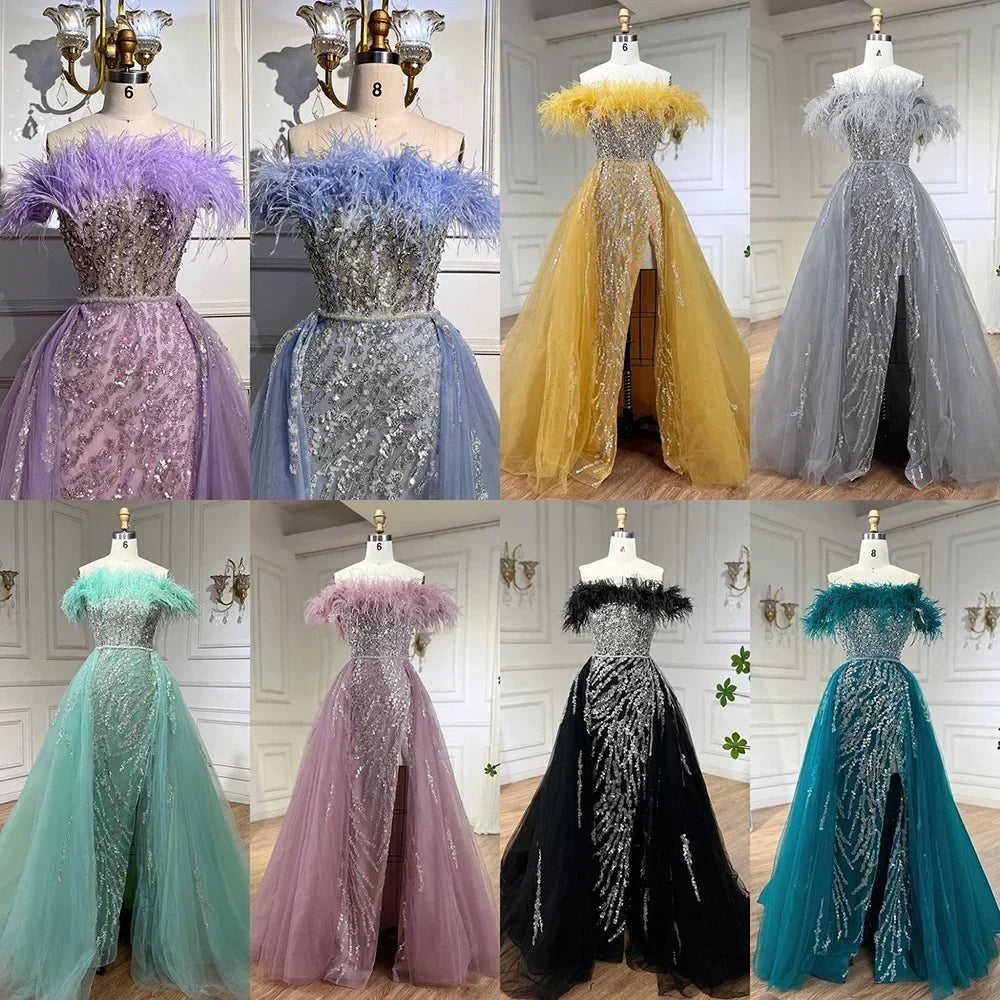 Zapdress Yellow Feathers Beaded Mermaid Evening Dresses with Overskirt Side Slit Party Gowns for Women DLA72061 Customized (ZD17213)
