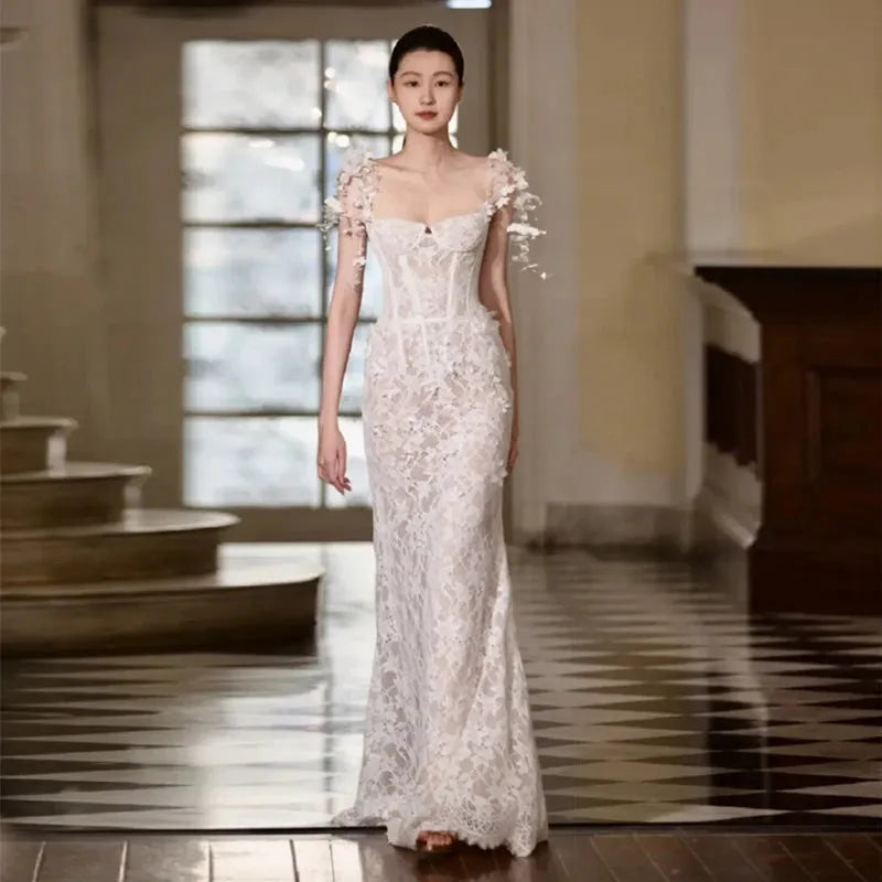 Spaghetti Straps Lace Wedding Dress Wrap Light Simple Bridal Dress Sexy Backless Zipper Mermaid Wedding Dress Ivory