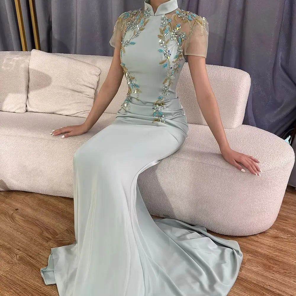 Zapdress Customized 2025 Saudi Mint Mermaid Beaded Satin Evening Dress Gown with for Formal Occasion (ZD17308)