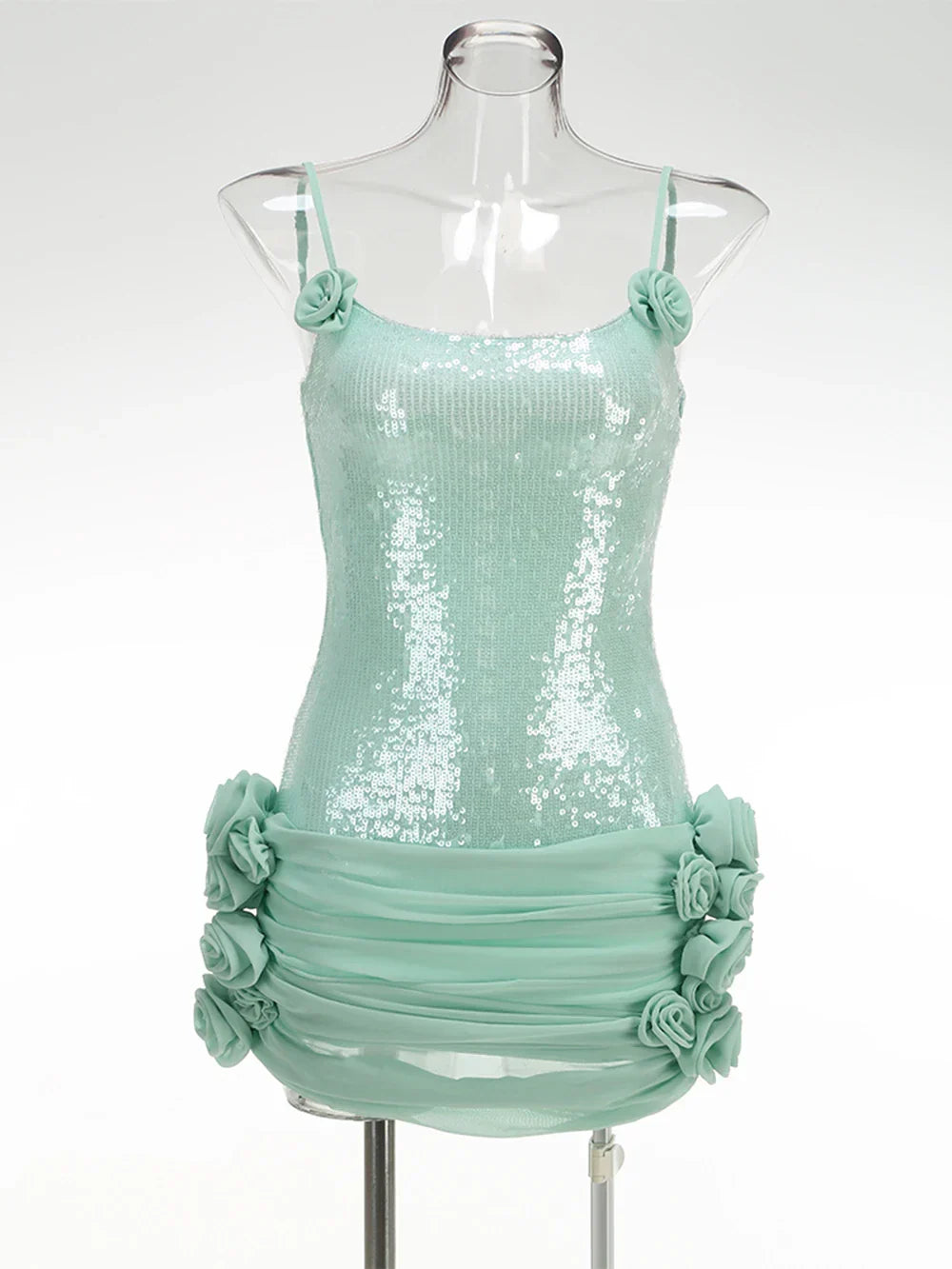 Stereoscopic Flowers Sequin Patchwork Sling Short Evening Dress Sweet Woman Birthday Party Dress Performance Costume