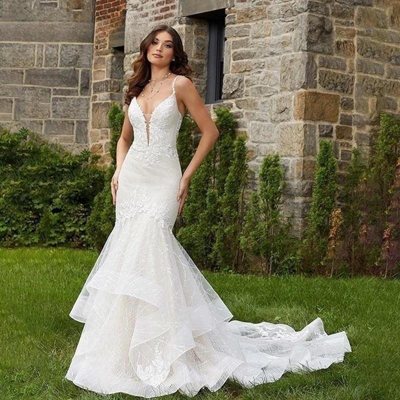 Romantic Wedding Dress Sexy Deep V-Neck Vestidos De Novia Appliques Vestido De Noiva Backless Custom Made Lace Robe De Mariée (ZD14043)