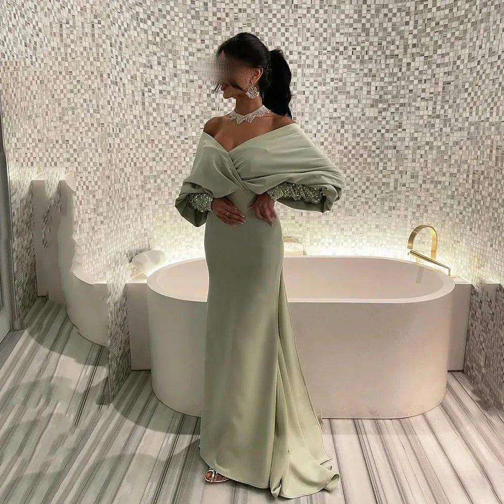 Bodycon Trumpet Evening Dresses Silk Satin Off The Shoulder Long Sleeves Saudi Arabia Prom Gown Women For Wedding Party As Picture