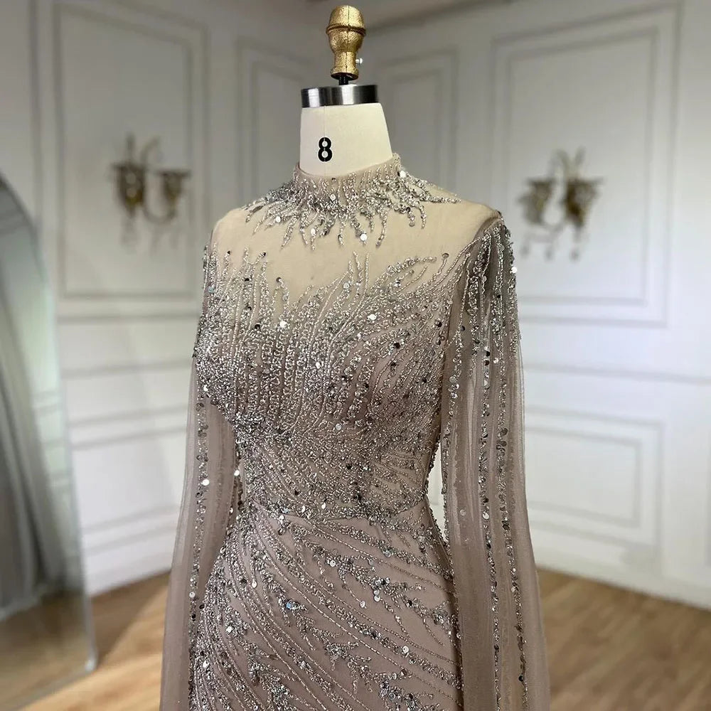 Zapdress Customized Caramel Mermaid Beaded Cape Sleeves Evening Dresses 2024 Dubai Party Gowns for Women Wedding DLA71885A (ZD17280)