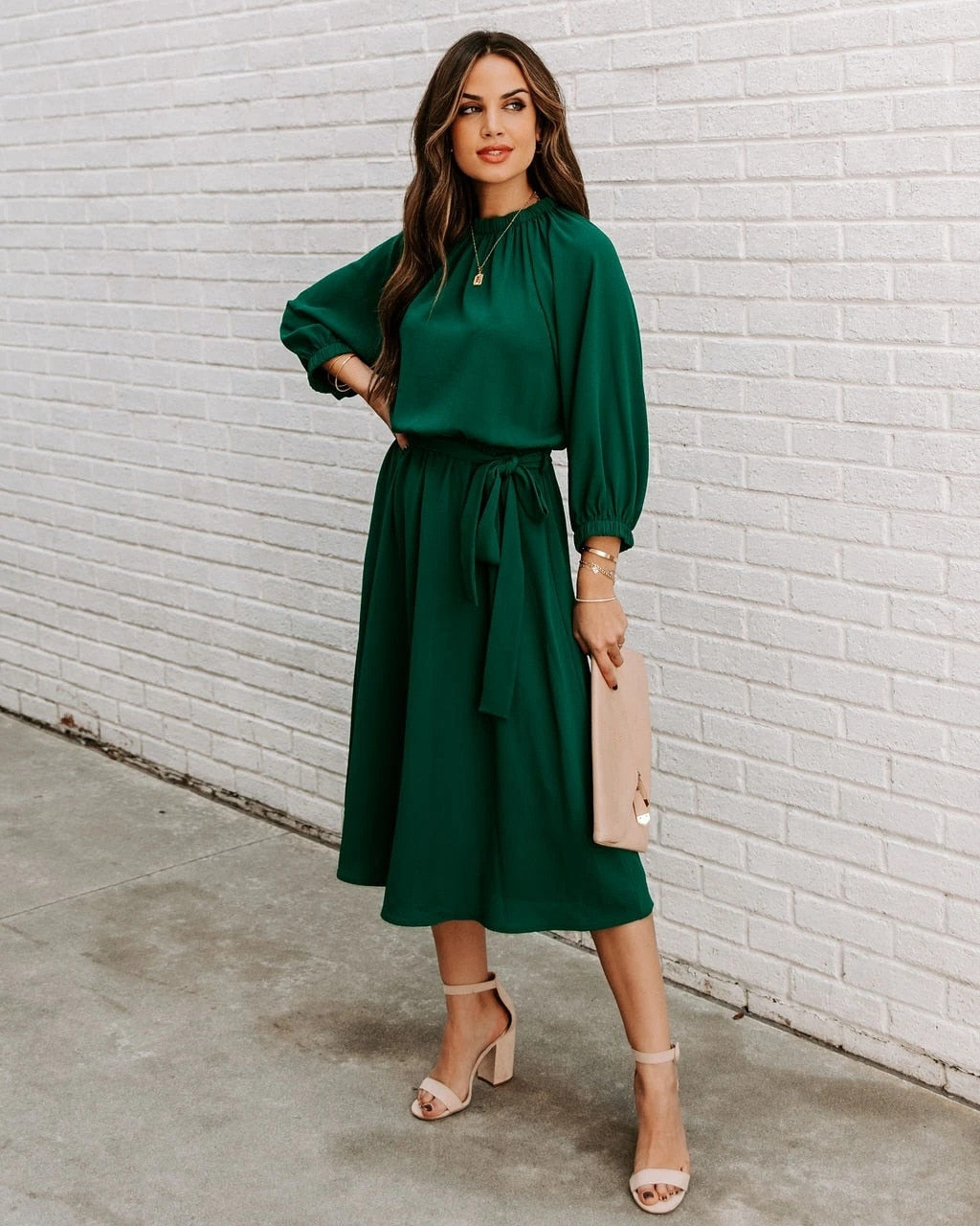 Elegant Office Dress Formal Loose Green Long Sleeve Belt ALine Midi Dresses