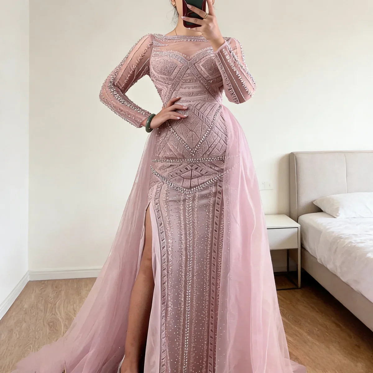 Zapdress Pink Long Sleeves Mermaid Beaded Evening Dress Formal Party Gowns for Women DLA72967 Customized (ZD17207)