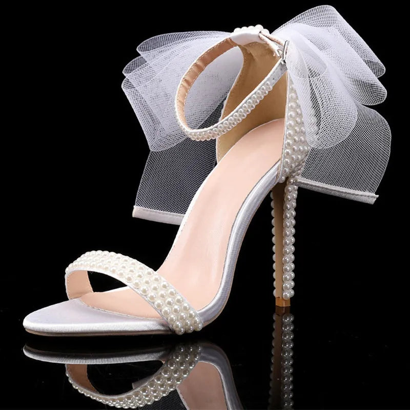 Summer Bowknot Beading Women Gladiator Sandals Luxury Pearls White thin High heels Wedding Bridal Party Shoes - FashionDia