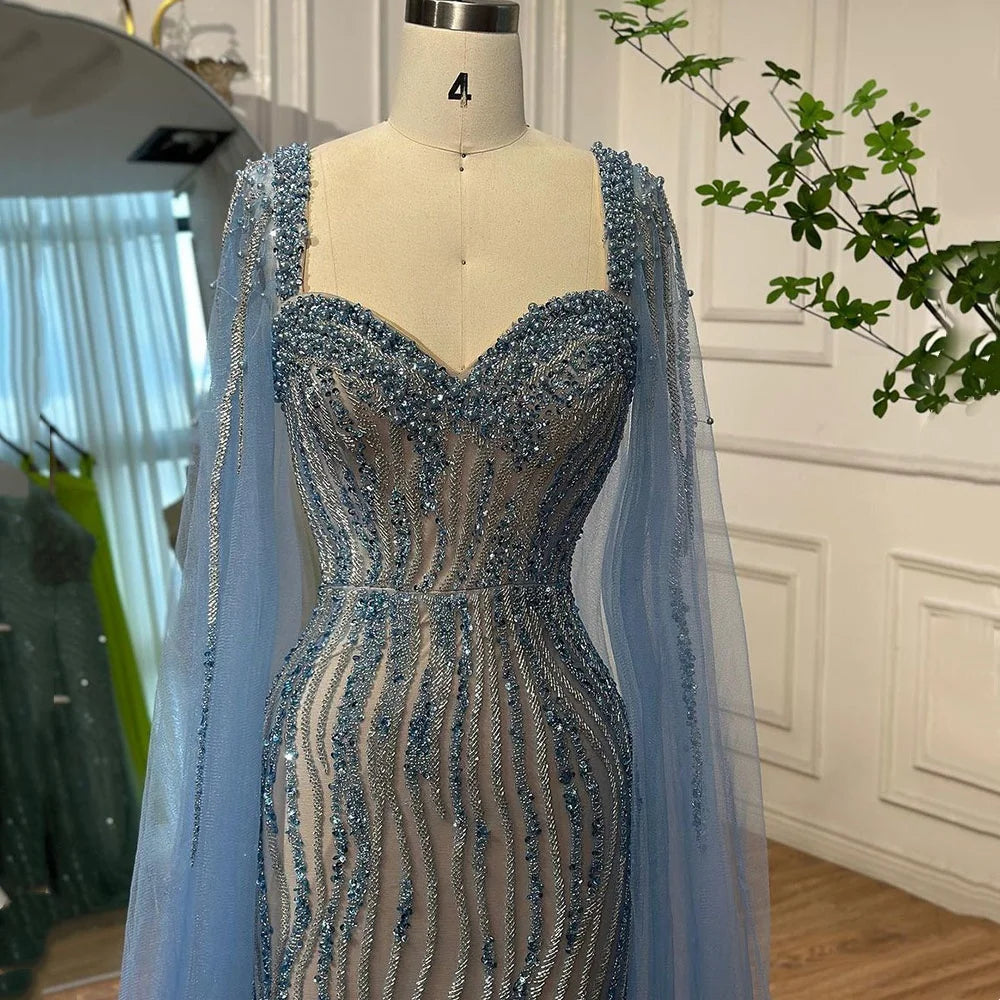 Zapdress Blue Mermaid Beaded Evening Dresses with Cape Sleeves Wedding Party Gowns for Women DLA71715 Customized (ZD17247)