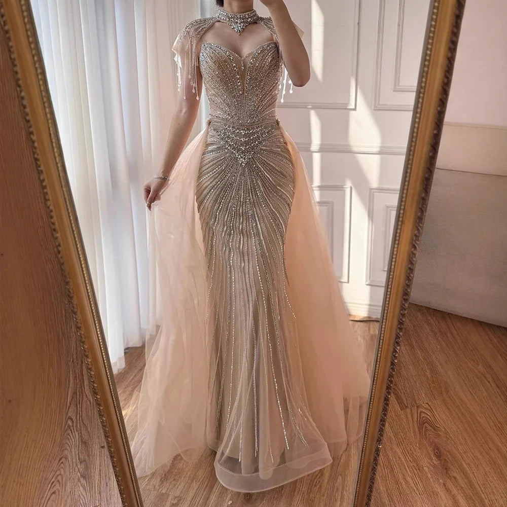 Zapdress Nude Mermaid Tassel Beaded Evening Dress with Detachable Overskirt Formal Party Gown for Women DLA73182 Customized (ZD17178)