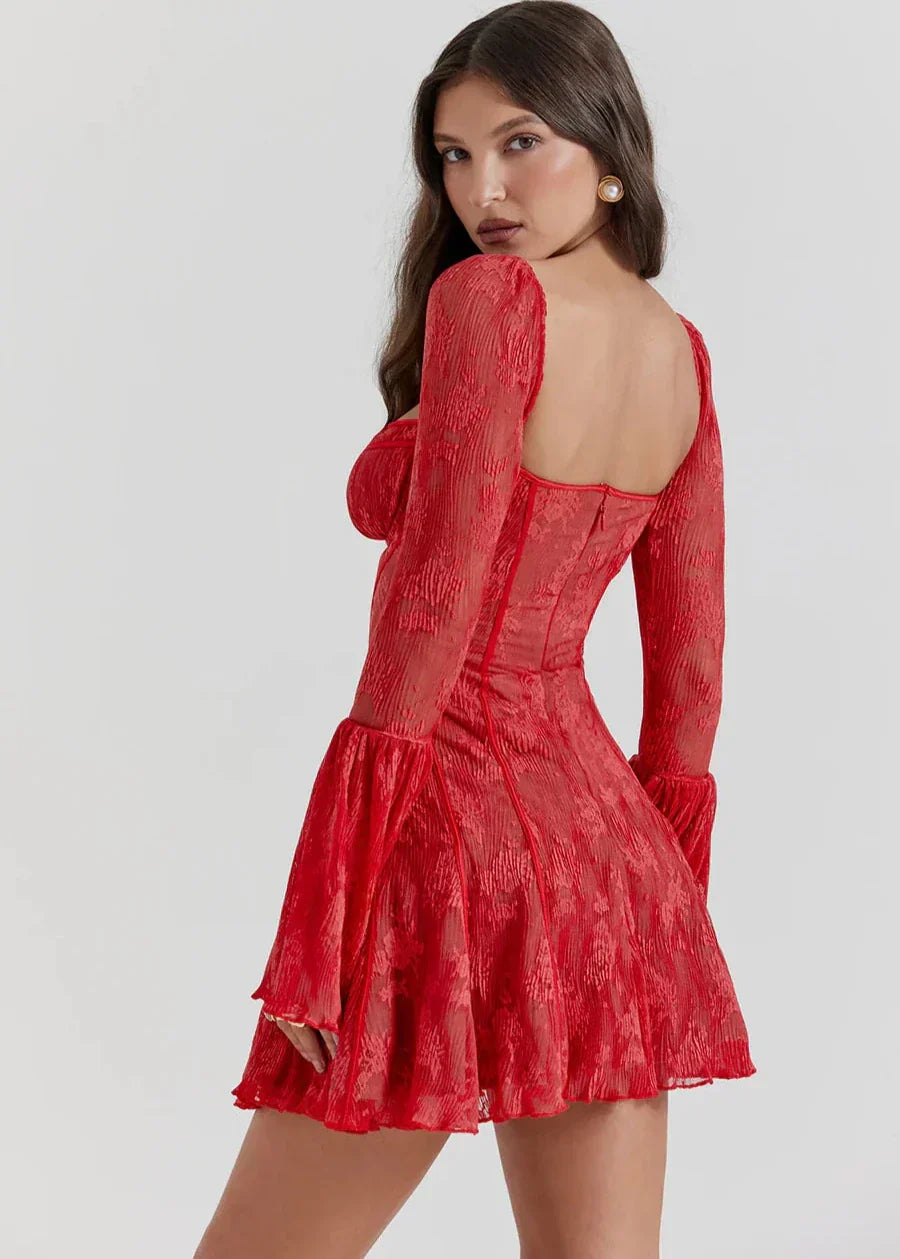 Self Tie Lace Long Sleeve Dress Vibrant Red