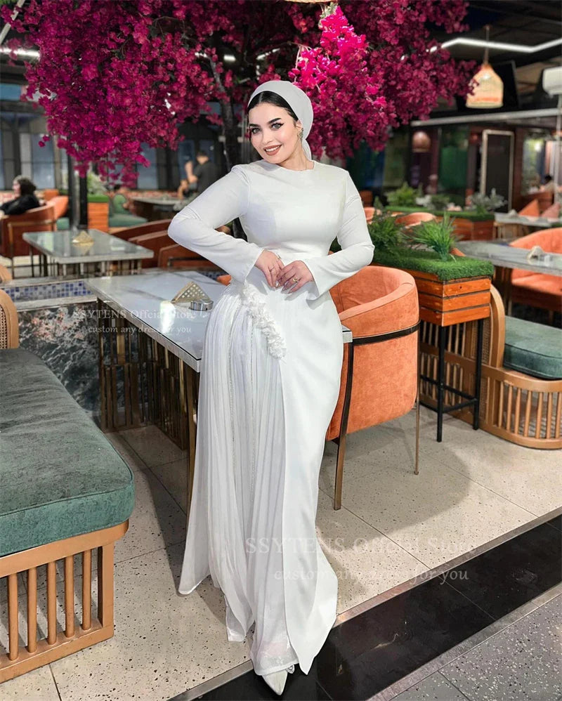 Elegant White Long Wedding Evening Dresses Muslim Long Sleeves Dubai Guest Party Dresses Customized Saudi Bridal Prom Gowns