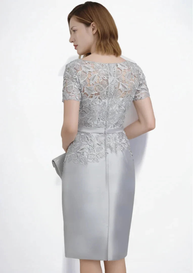 Mother Of The Bride Dress - Elegant Formal Evening Dress Satin Scoop Neck Knee-Length Cocktail Dress Applique Mother of the Bride Dress Free Customized