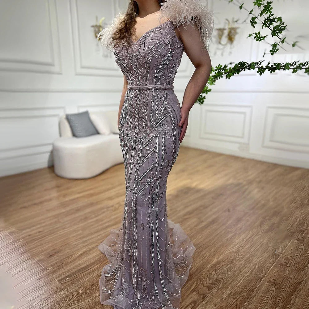 Zapdress Customized Lilac Feathers Beaded Mermaid Evening Dresses 2025 Elegant Party Gowns for Women (ZD17297)