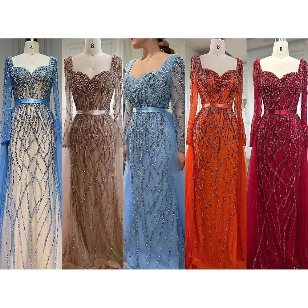 Zapdress Customized Blue Long Sleeves Mermaid Pearls Beaded Evening Dresses Elegant Party Gowns For Women Wedding (ZD17374)