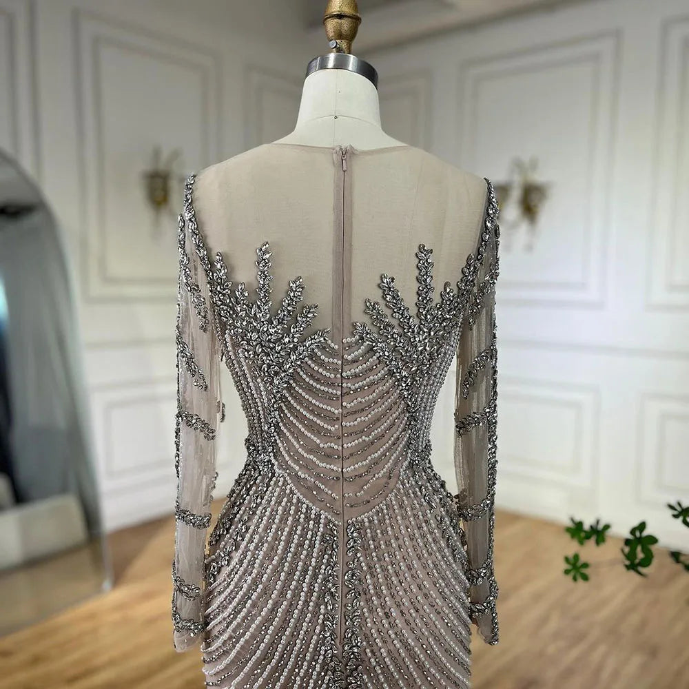 Zapdress Customized Sliver Nude Long Sleeves Pearls Beaded Luxury Evening Dresses Formal Party Gowns for Women (ZD17275)