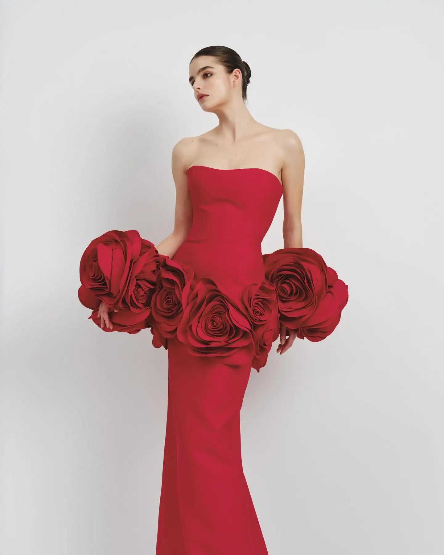 Stereoscopic Flowers Strapless Bandage Ankle Length Evening Dress Fashion Woman Birthday Party Dress Celebrity Party Outfit Red