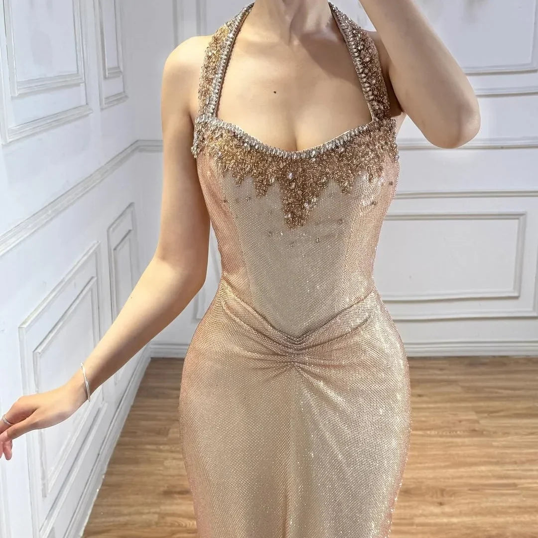 Zapdress Rose Gold Mermaid Beaded Evening Dress Elegant Sparkly Wedding Party Gown with Ruched Waist DLA73410B Customized (ZD17276) - View 3 | VelvetHem