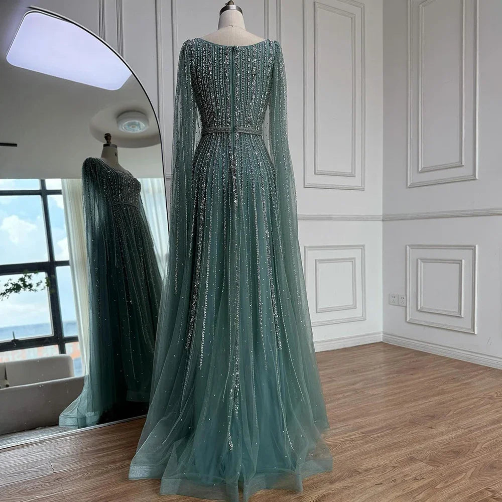 Zapdress Turquoise Square Collar Beaded Evening Dress with Cape Sleeves Dubai Pary Gowns for Women DLA73188 Customized (ZD17252)