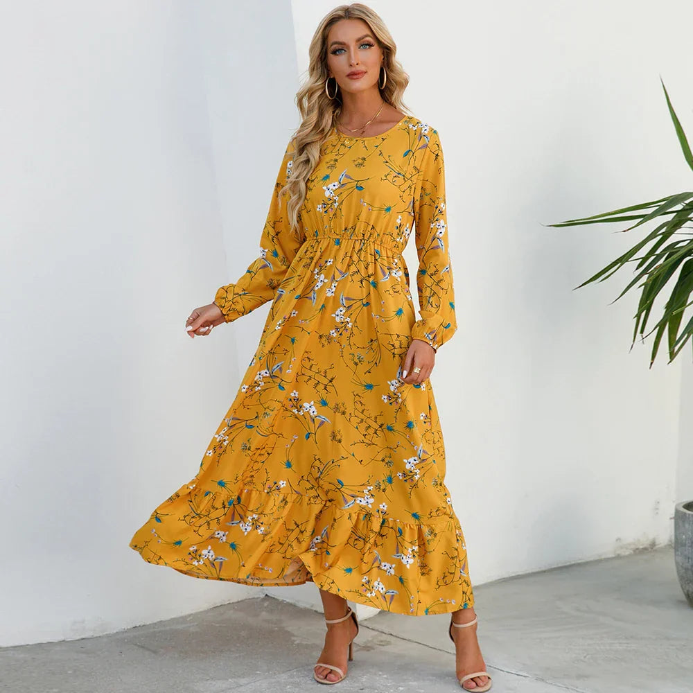 Natasha Effortless Women's Bohemian Floral Chiffon Maxi Dress with Long Sleeves Elevated Occasion Wear