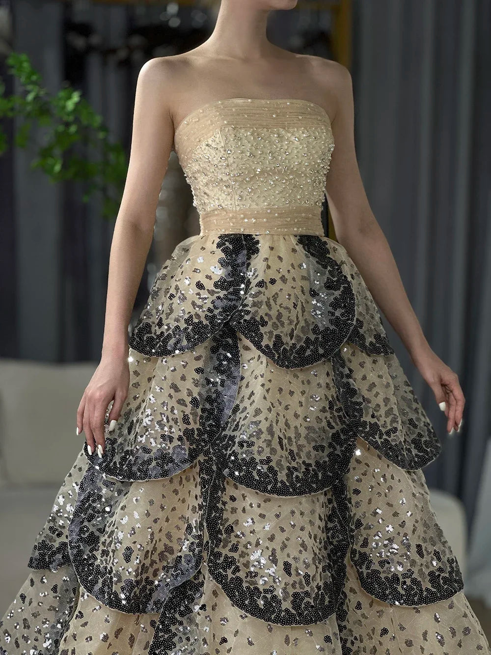Zapdress Customized 2025 Black Nude Strapless Evening Prom Dresses Sequined Tiered A-line Party Gowns for Women DLA72505A (ZD17188)