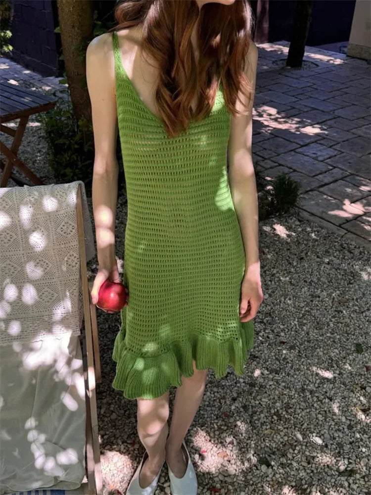 Knit Ruffle Hollow See-Through Mini Dress - View 6 | VelvetHem