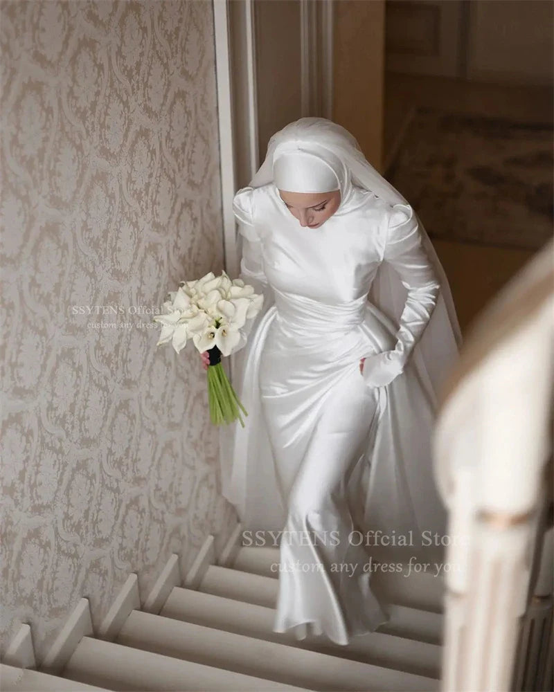 Modest Arabic Wedding Dresses Long Sleeves Muslim High Neck Silk Satin Bridal Gowns for Brides Customized Evening Dress Ivory