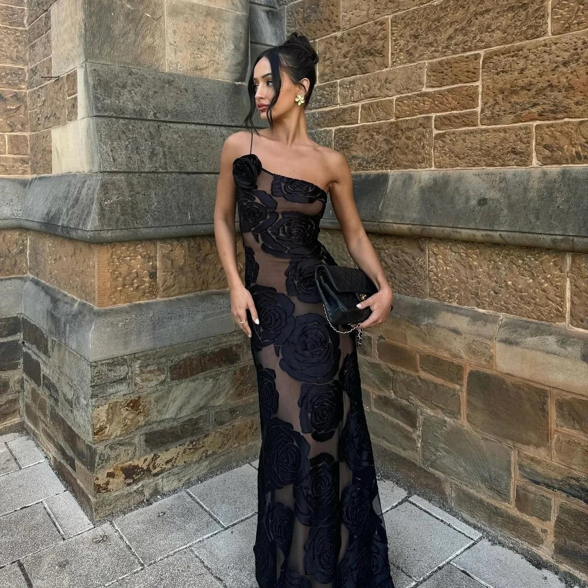 One Shoulder Mesh Flower Floral Dress - View 2 | VelvetHem