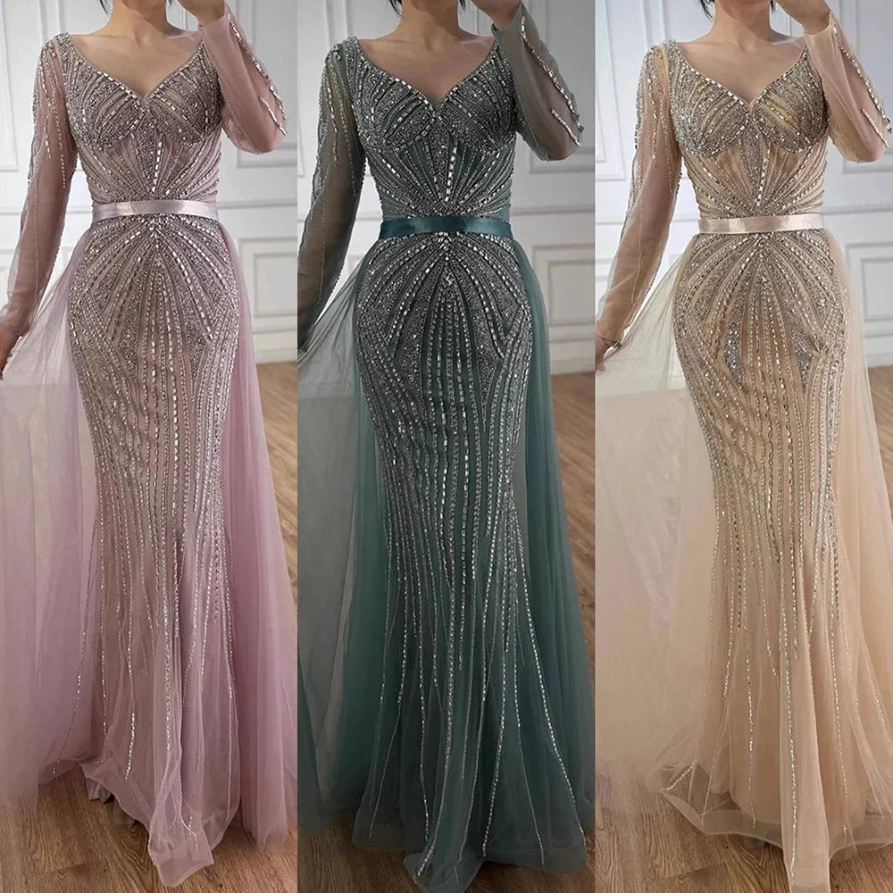 Zapdress Pink V-neck Long Sleeves Beaded Evening Dress with Detachable Overskirt Party Gown for Women Customized (ZD17196)