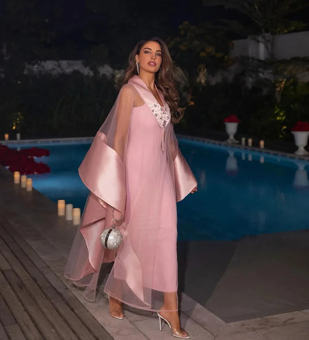 Arabic Pink Evening Dresses With Detachable Cape Crepe Mermaid Special Occasion Dresses For Women Party Prom Gown Pink