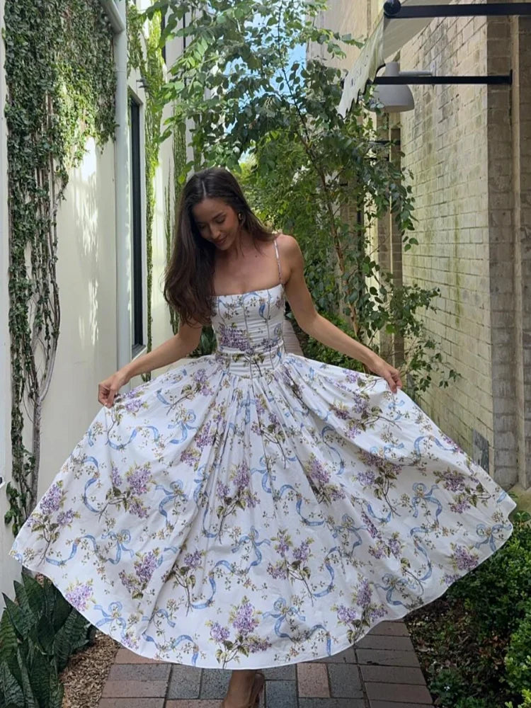 Pleated Sleeveless Backless Floral Dress - View 2 | VelvetHem