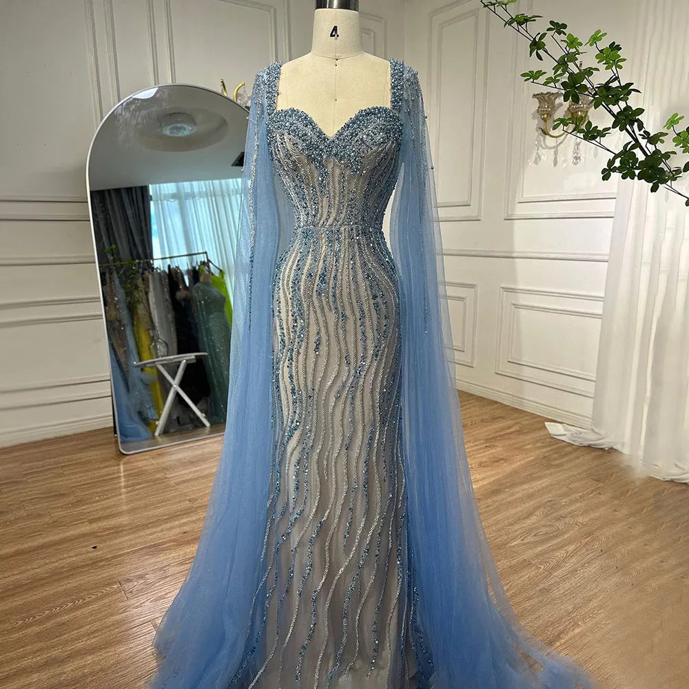 Zapdress Blue Mermaid Beaded Evening Dresses with Cape Sleeves Wedding Party Gowns for Women DLA71715 Customized (ZD17247)