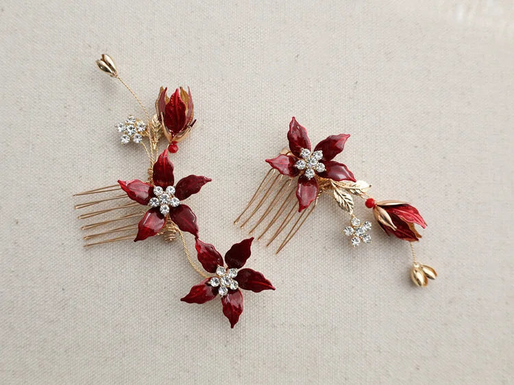 Wedding Accessories Red Flower Hair Pin Clip Crystal Rhinestones Hairpins Brides Party Evening Dress Head pieces Bridal Jewelry a
