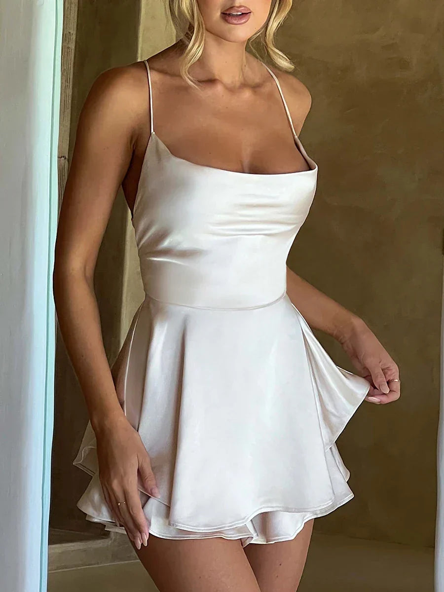 Satin Cowl Neck Tie Back Romper Mini Dress - VelvetHem