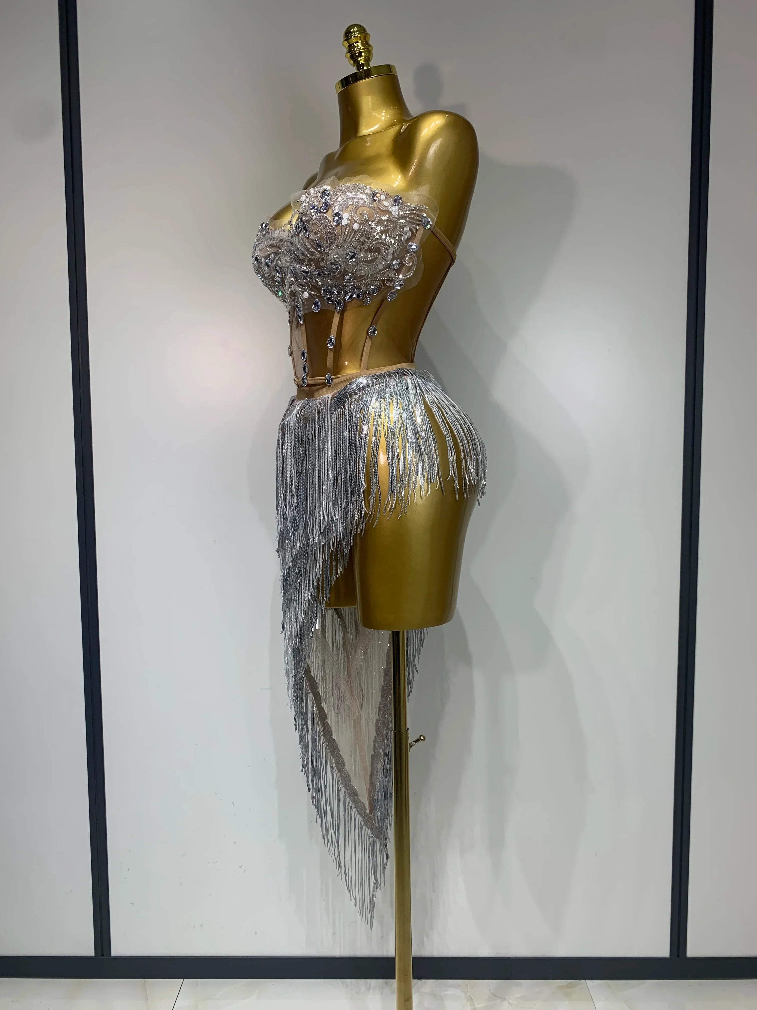 Women Sexy Singer Dancer Performan Costume Nightclub Bar Girl Sparkly Diamond Tassel Two Piece Set Evening Party Birthday Outfit