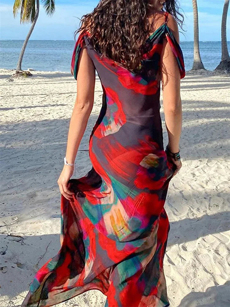 Print Mesh Pleated Off Shoulder Maxi Dress - View 3 | VelvetHem