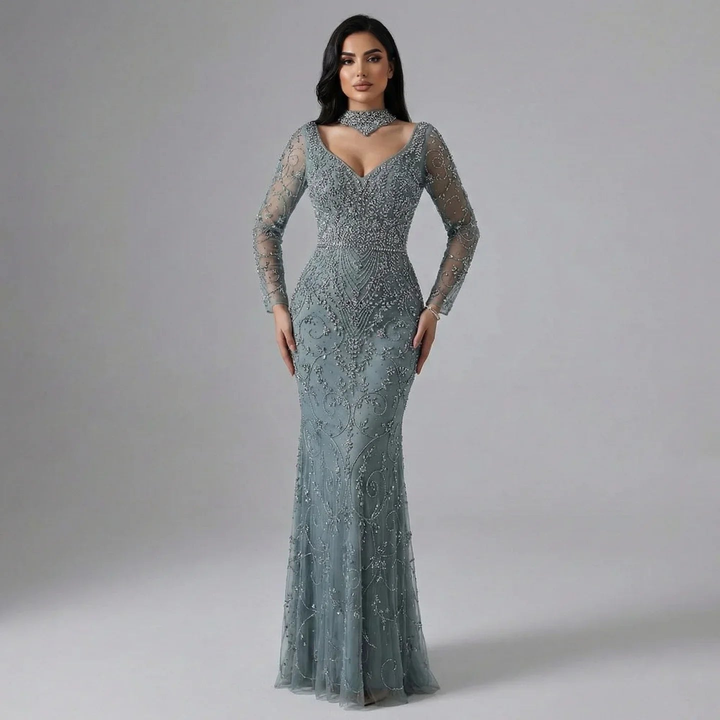 Zapdress Customized Turquoise Evening Dresses with Neck Lace 2026 Long Sleeves Mermaid Beaded Elegant Party Gowns DLA73042B (ZD17172)