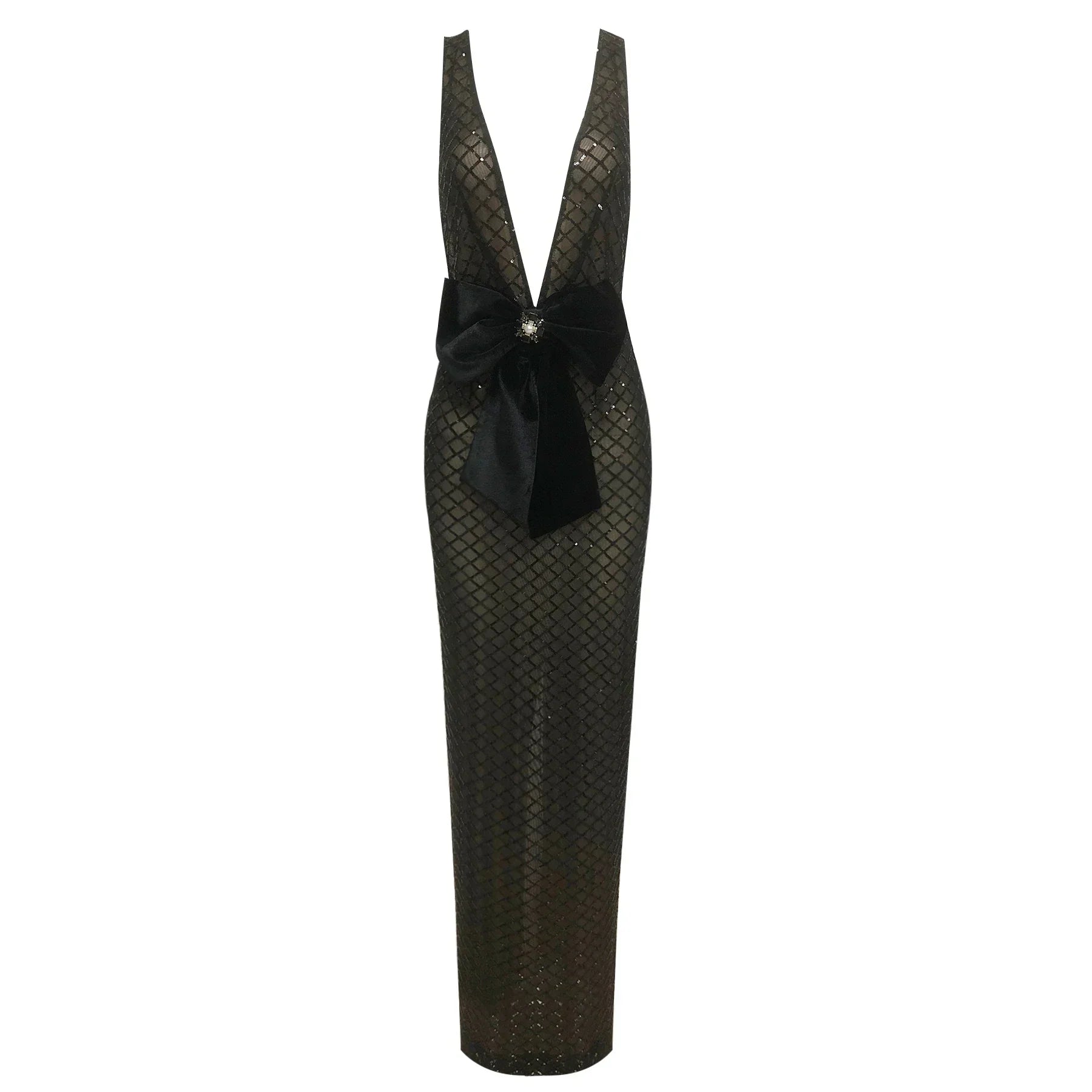 Black Bows Shining Sequin Sexy V-Neck Sleeveless Mesh See Through Long Dress Fashion Woman Evening Dress Celebrity Party Outfit