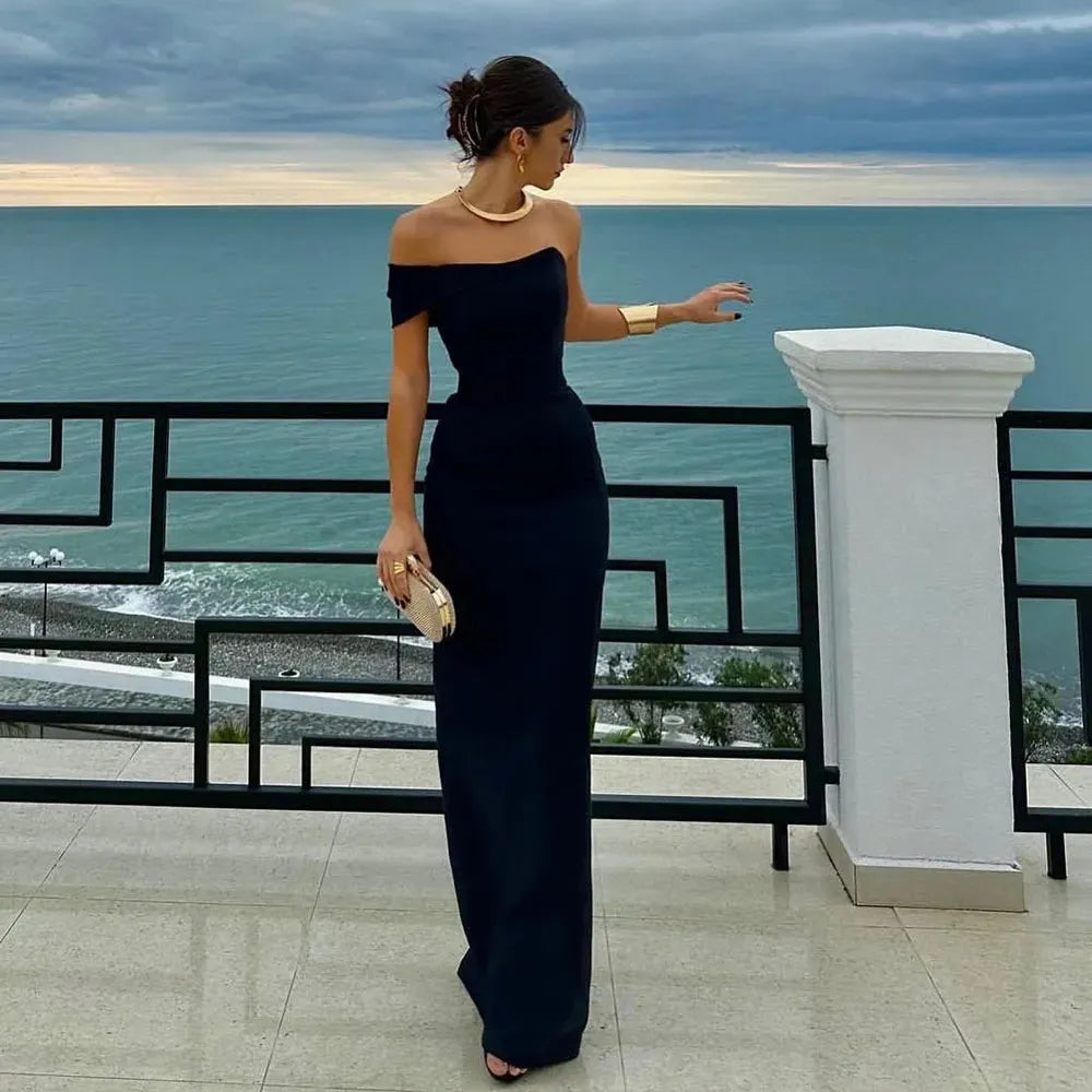 Elegant Red Mermaid Prom Dress Elastic Satin Square Long Sleeves Floor Length Formal Evening Dress vestido de gala Black