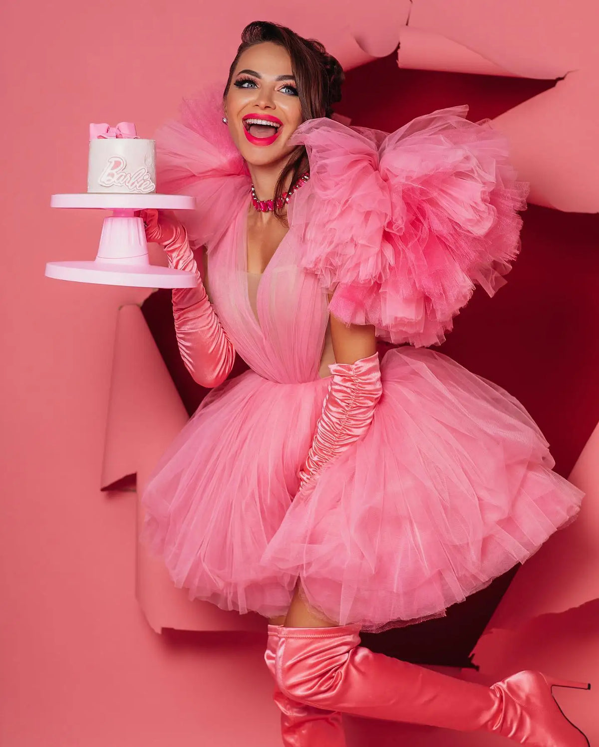 Pink Tulle Ruffled A-Line Party Dress - View 3 | VelvetHem