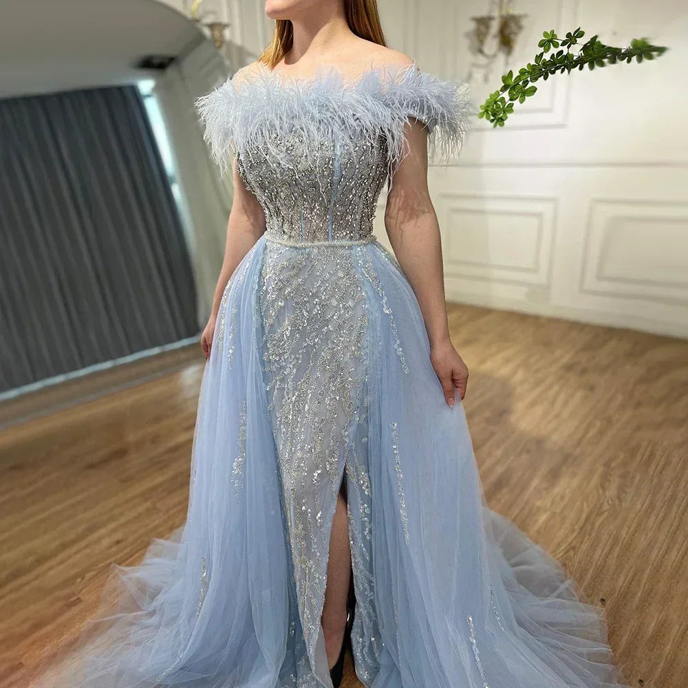 Zapdress Yellow Feathers Beaded Mermaid Evening Dresses with Overskirt Side Slit Party Gowns for Women DLA72061 Customized (ZD17213)
