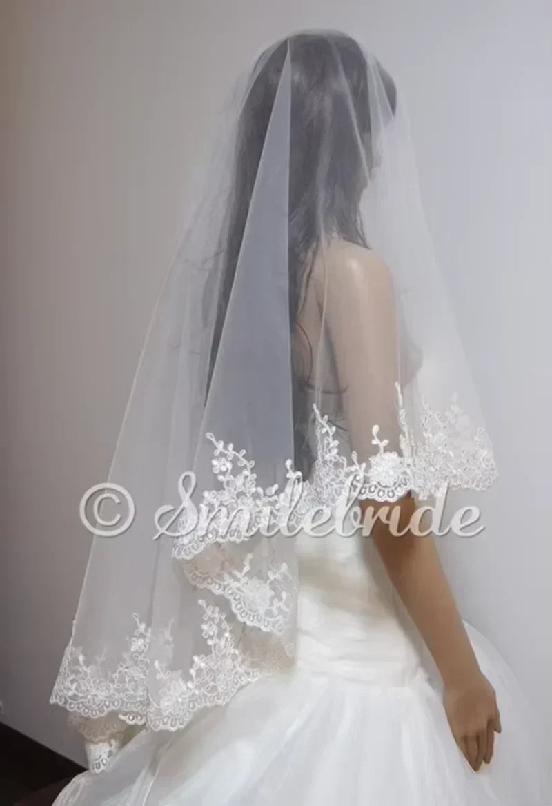 One layer 65" (165cm) Lace Wedding Veil No Comb - FashionDia