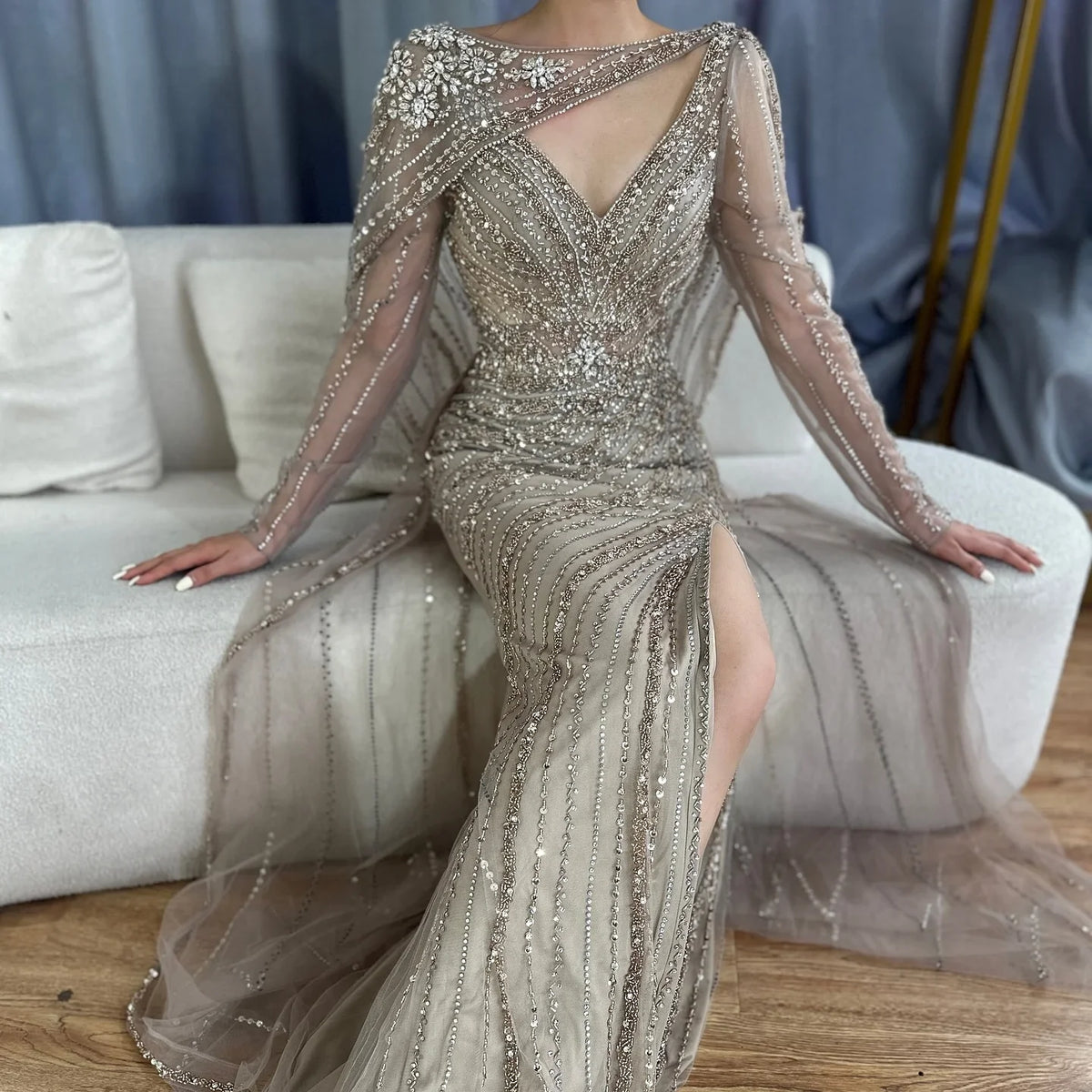 Zapdress Mermaid Beaded Formal Wedding Party Gowns with High Split Celebrity Evening Dress for Women Customized DLA70301L (ZD17301)