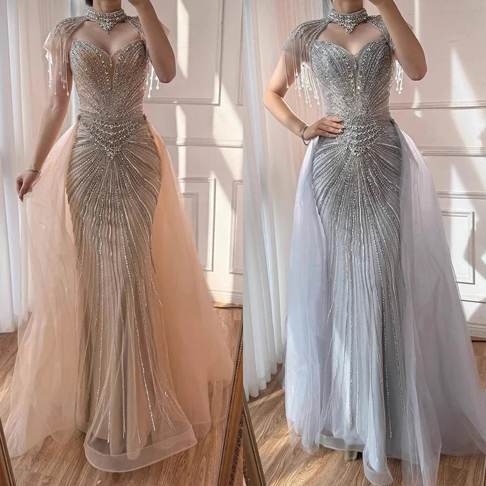 Zapdress Nude Mermaid Tassel Beaded Evening Dress with Detachable Overskirt Formal Party Gown for Women DLA73182 Customized (ZD17178)