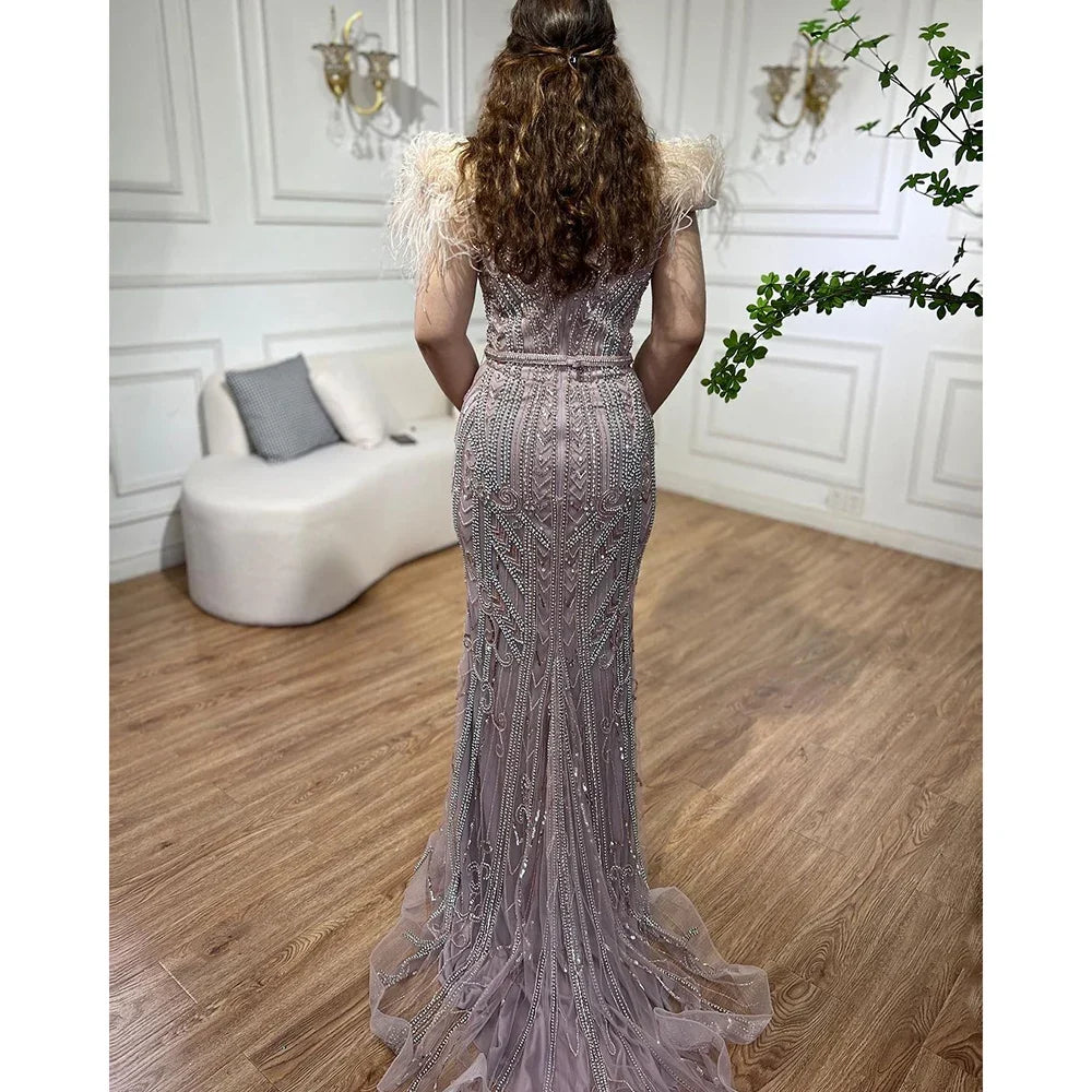 Zapdress Customized Lilac Feathers Beaded Mermaid Evening Dresses 2025 Elegant Party Gowns for Women (ZD17297)