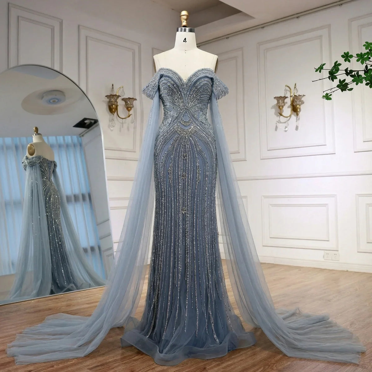 Zapdress Dusty Blue Off-Shoulder Evening Dress Heavy Beaded Mermaid Party Gown with Elegant Cape Sleeves Customized (ZD17286)