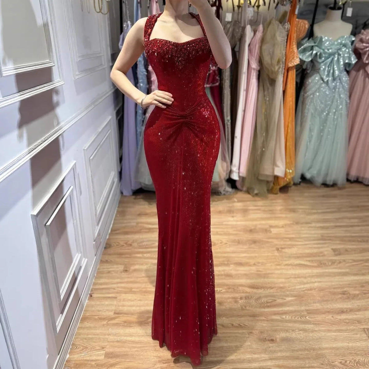 Zapdress Rose Gold Mermaid Beaded Evening Dress Elegant Sparkly Wedding Party Gown with Ruched Waist DLA73410B Customized (ZD17276)