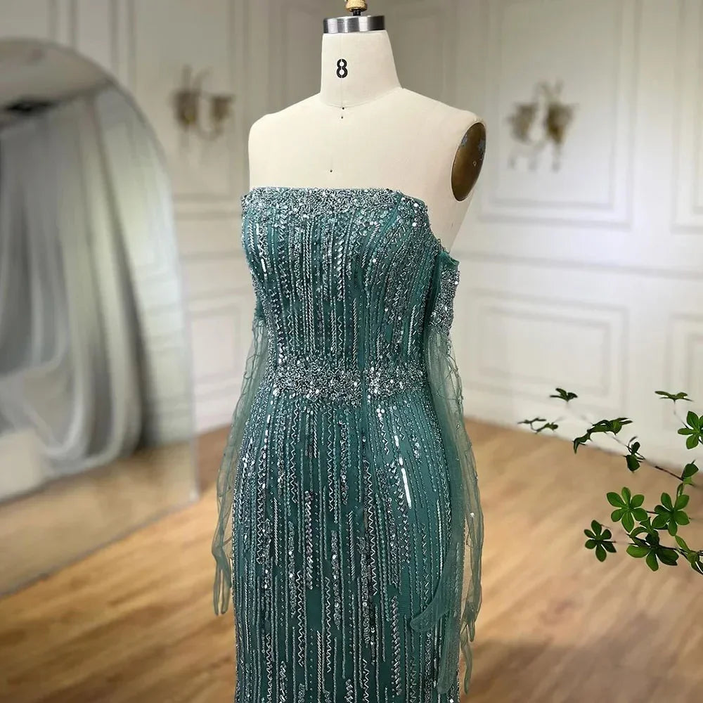 Zapdress Turquoise Strapless Mermaid Beaded Evening Party Dresses Gowns with Gloves Customized (ZD17249)
