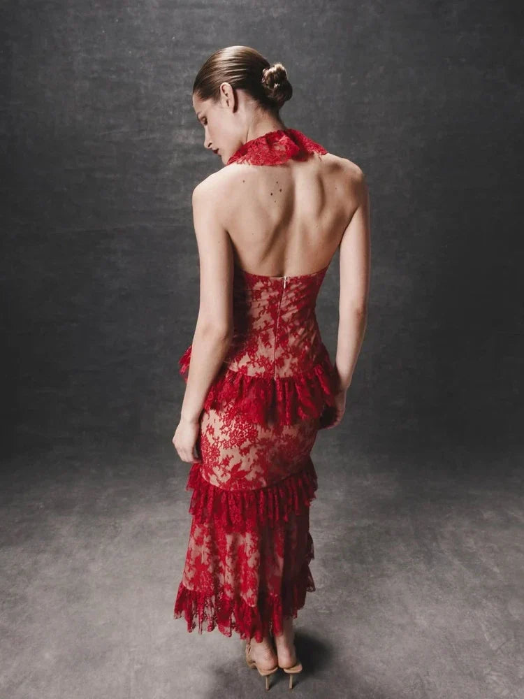 Halter Ruffles Floral Slim Midi Lace Dress - View 2 | VelvetHem