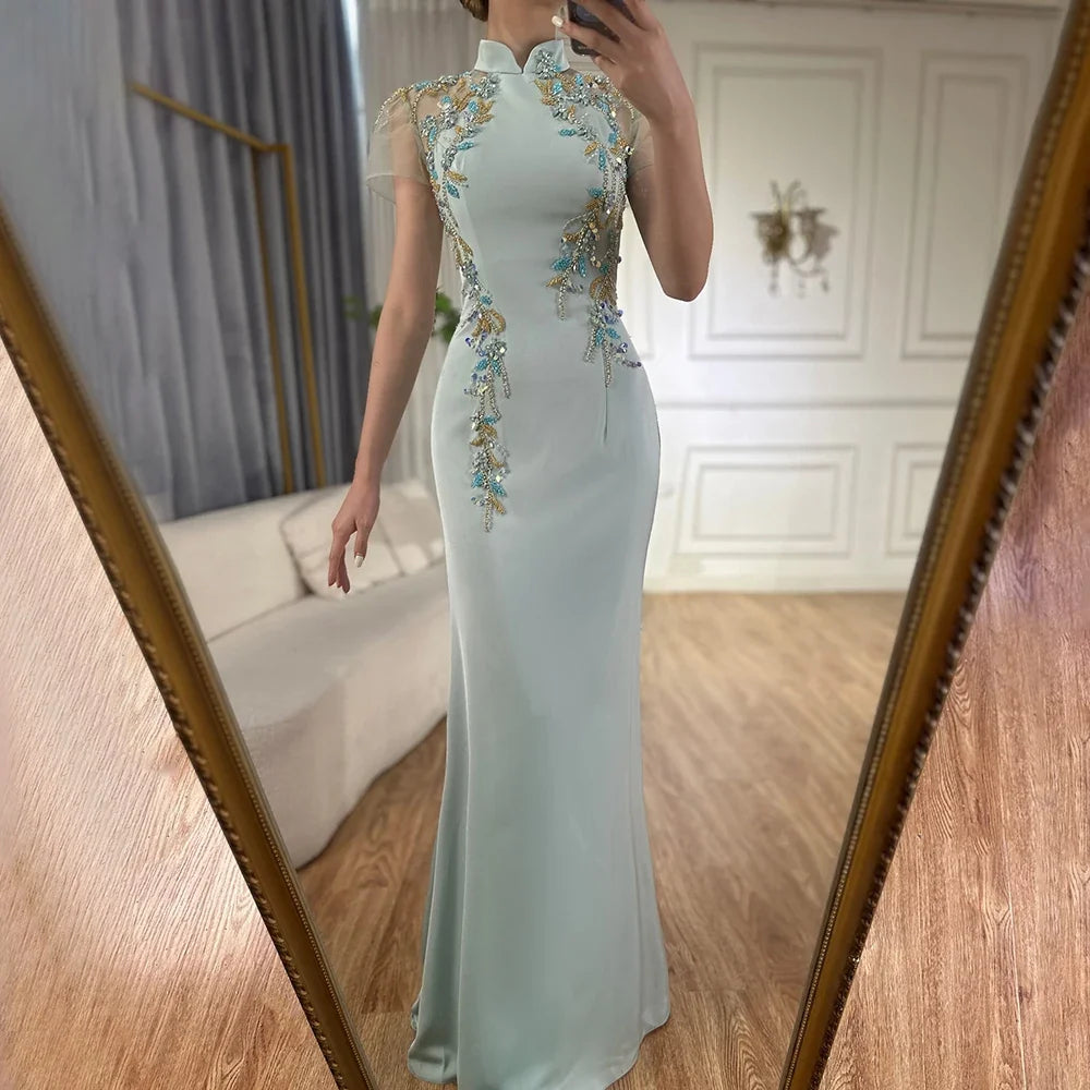 Zapdress Customized 2025 Saudi Mint Mermaid Beaded Satin Evening Dress Gown with for Formal Occasion (ZD17308)