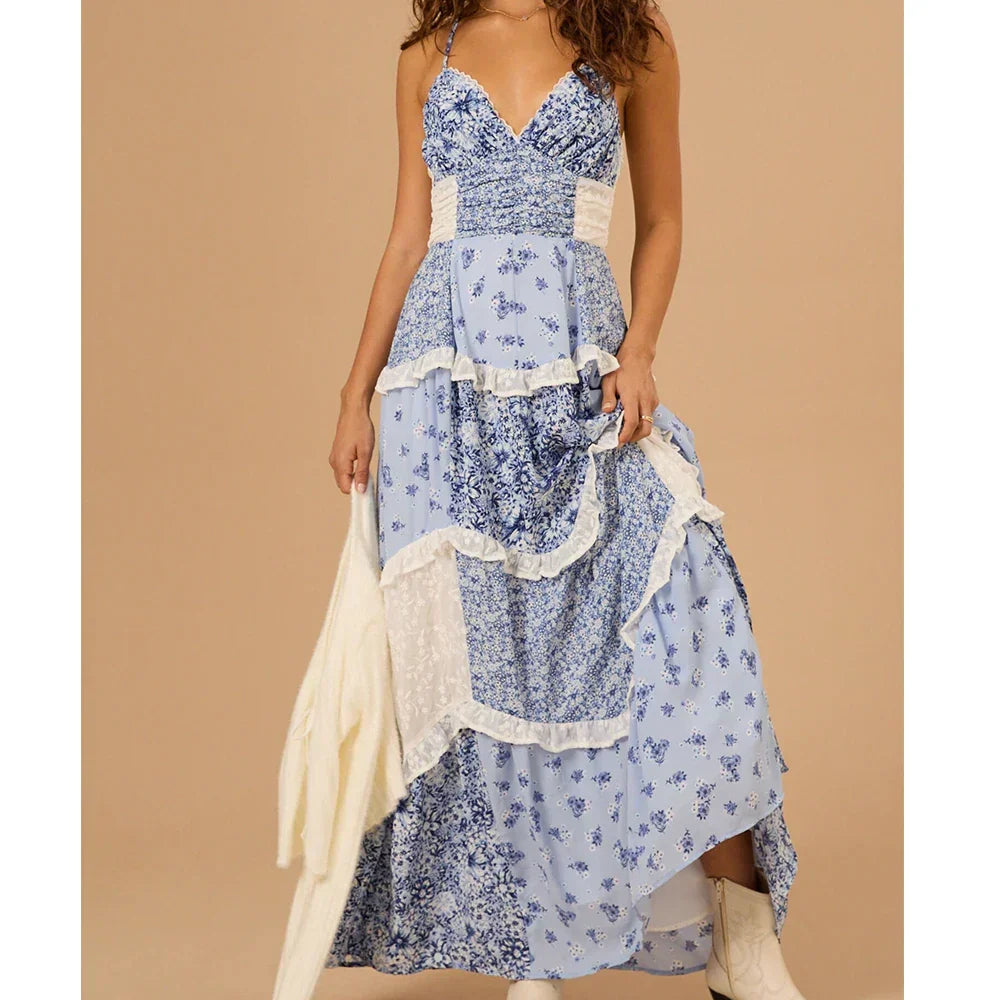 Boho Tie Shoulder Patchwork Floral Dress - View 4 | VelvetHem
