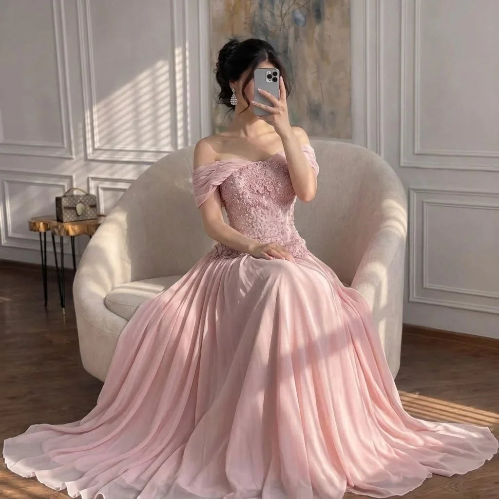 Zapdress Pink Chiffon Evening Dress 2026 Elegant Off-Shoulder Formal Party Gowns with Cape at the Back Customized (ZD17254)
